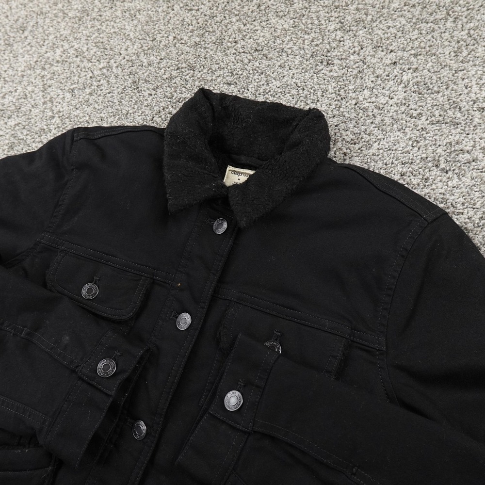 Gap Jacket Womens M Black Jean Denim Sherpa Fleece Lined Button Bomber Coat Warm